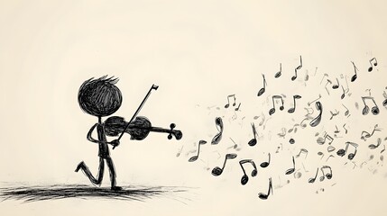 Stick Figure Musician Playing Violin Creates Music Notes
