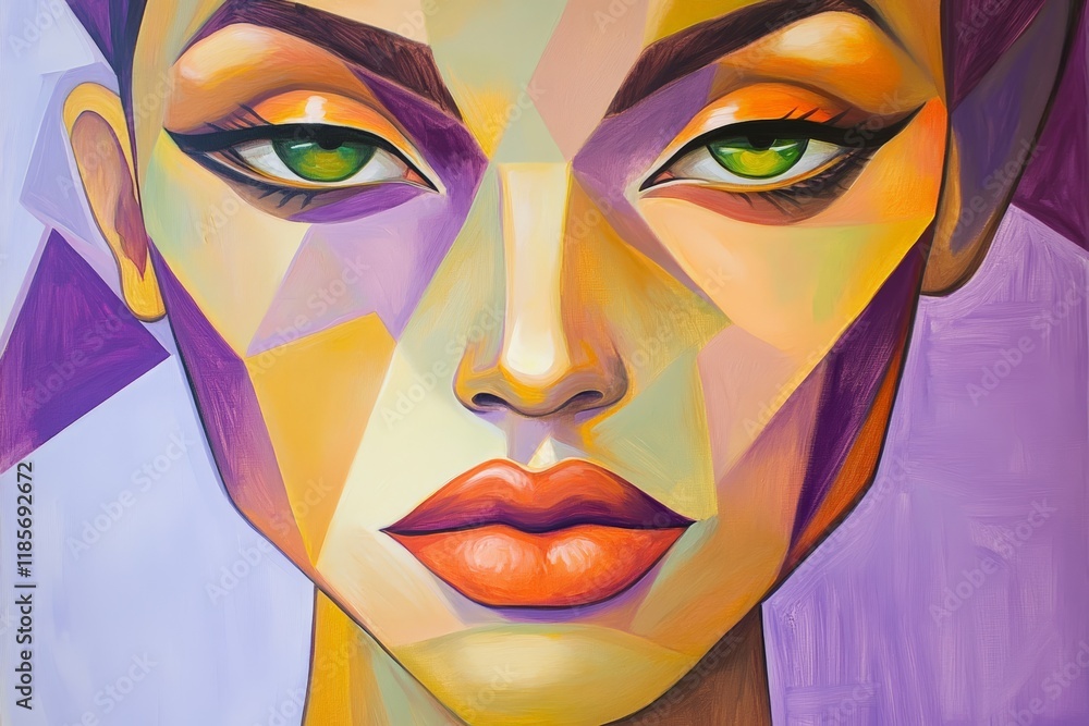 Wall mural Colorful abstract portrait art featuring a female face with geometric shapes, vibrant hues, and expressive green eyes. Ideal for modern decor and creative projects.