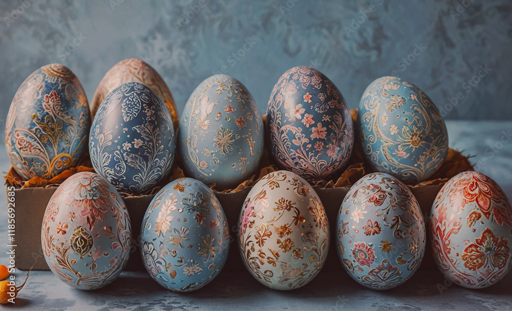 Poster row of blue and pink eggs with floral designs. there are 12 eggs in total. they are arranged in a ba