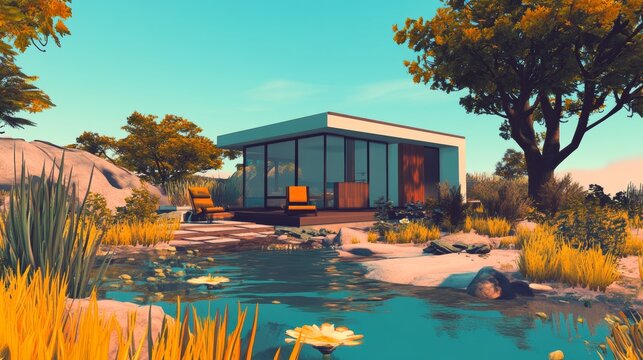 Architecture 3d rendering illustration of minimal modern house with natural landscape