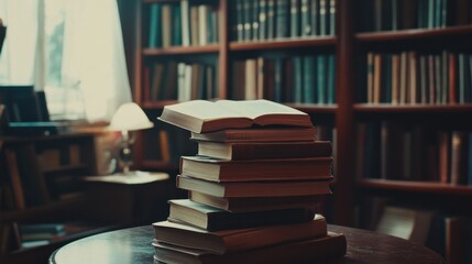 Stack of books resting on a wooden table with bookshelves in a cozy library setting during daytime