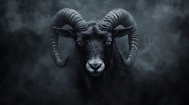 A striking black and white goat head with robust horns enveloped in a dark misty setting