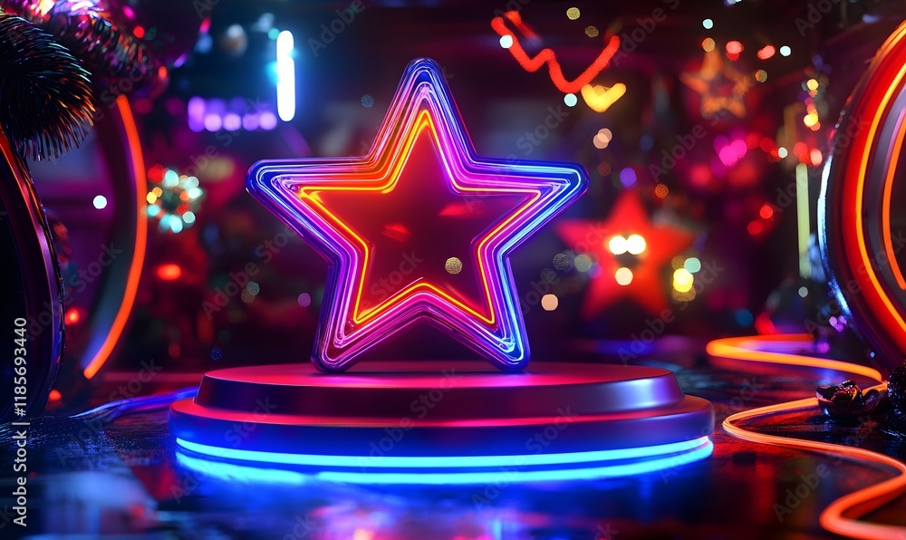 Poster neon star on a platform with colorful lights and bokeh.