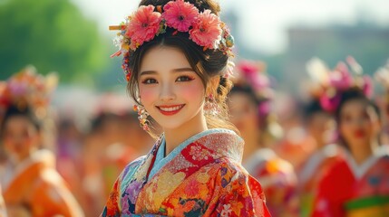 Fototapeta premium National Foundation Day Parades in Kyoto with Traditional Attire