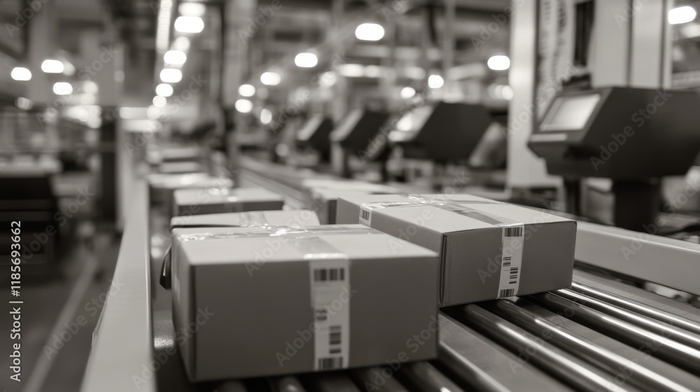 Poster efficient package sorting process in modern warehouse high-volume environment industrial setting ove