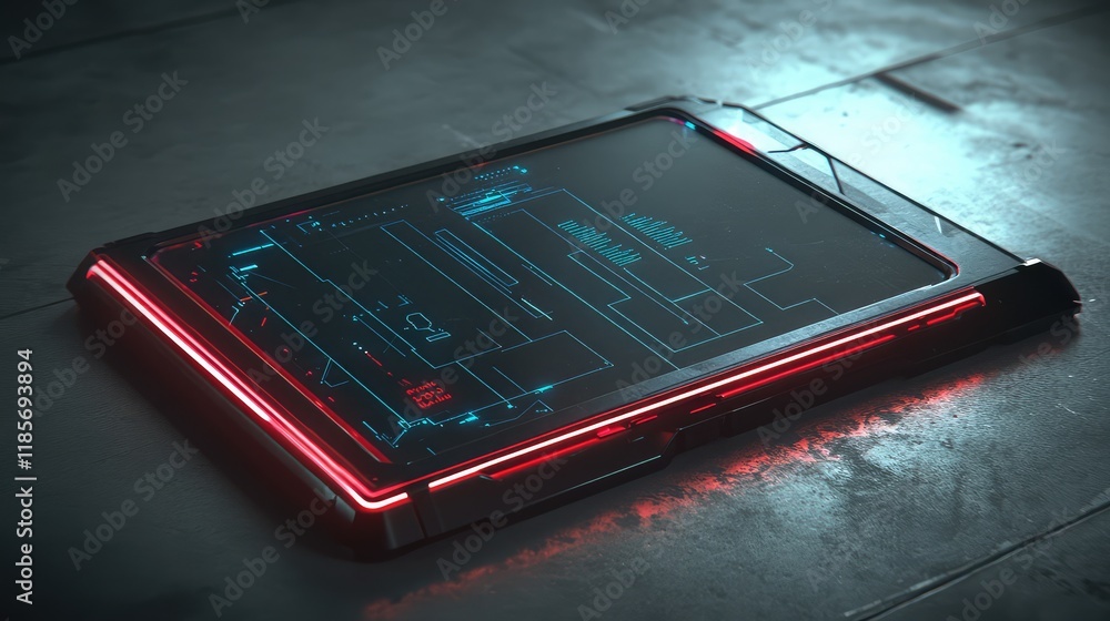 Poster a sleek ai-driven business reporting tool glowing on a futuristic screen, displayed on a clean neutr