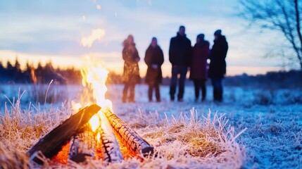 Campfire in the Frosted Wilderness:  A cozy campfire crackles with warmth against a backdrop of a frosty winter landscape as a group of four figures stand silhouetted in the distance.