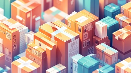 E-commerce shipment logistics warehouse digital art urban environment aerial view delivery concept