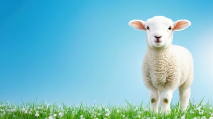 Obraz premium Innocence and Spring: A fluffy white lamb stands in a field of green grass and white flowers, with a clear blue sky as the backdrop. A symbol of purity and new beginnings.