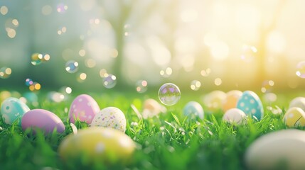 Easter Egg Hunt: A whimsical scene of colorful Easter eggs scattered amongst lush green grass, with sparkling soap bubbles floating through the air.