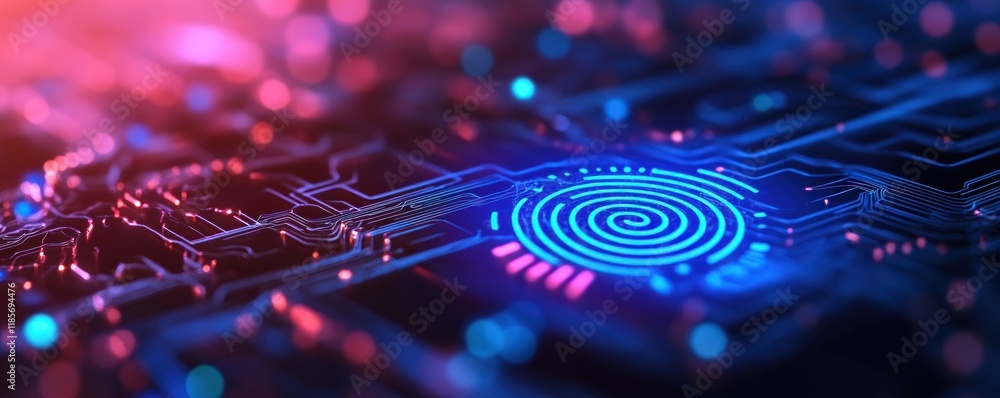 Poster abstract circuit board with glowing fingerprint scan