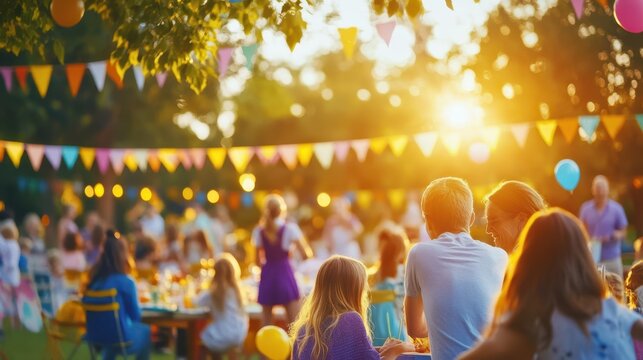 Golden Hour Garden Party: Family and friends gather at a vibrant outdoor celebration, bathed in the warm glow of the setting sun.  The image captures the joyful atmosphere of a summer party.