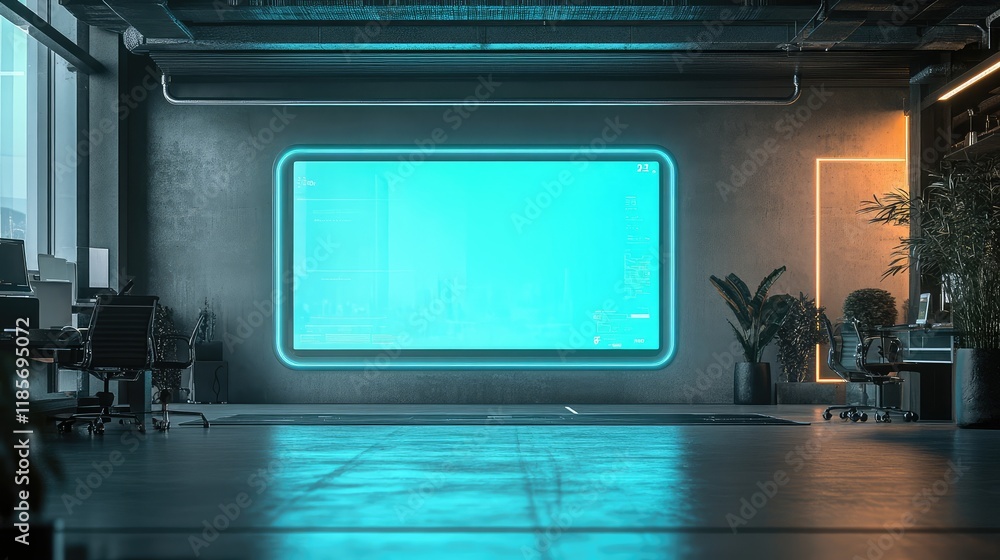 Poster a smart office automation system panel glowing softly in a clean and futuristic workspace, displayed