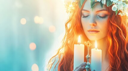 Serene Redhead with Candles: A mystical portrait of a young woman with fiery red hair, adorned with a flower crown, holding two lit candles.