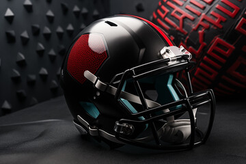 Fototapeta premium Football helmet featuring sleek black surface with bold red accents showcased against dramatic textured backdrop. vivid colors and intricate design add to its appeal.