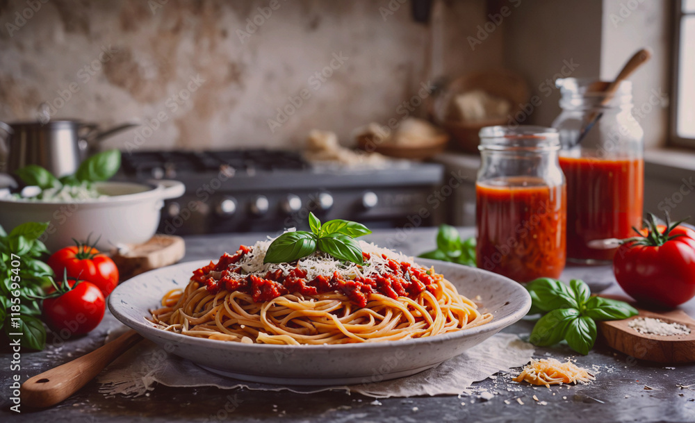 Poster plate of spaghetti with cheese and basil on top. a jar of red sauce is next to the plate