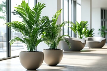 Fototapeta premium A room with two large potted plants and a couch