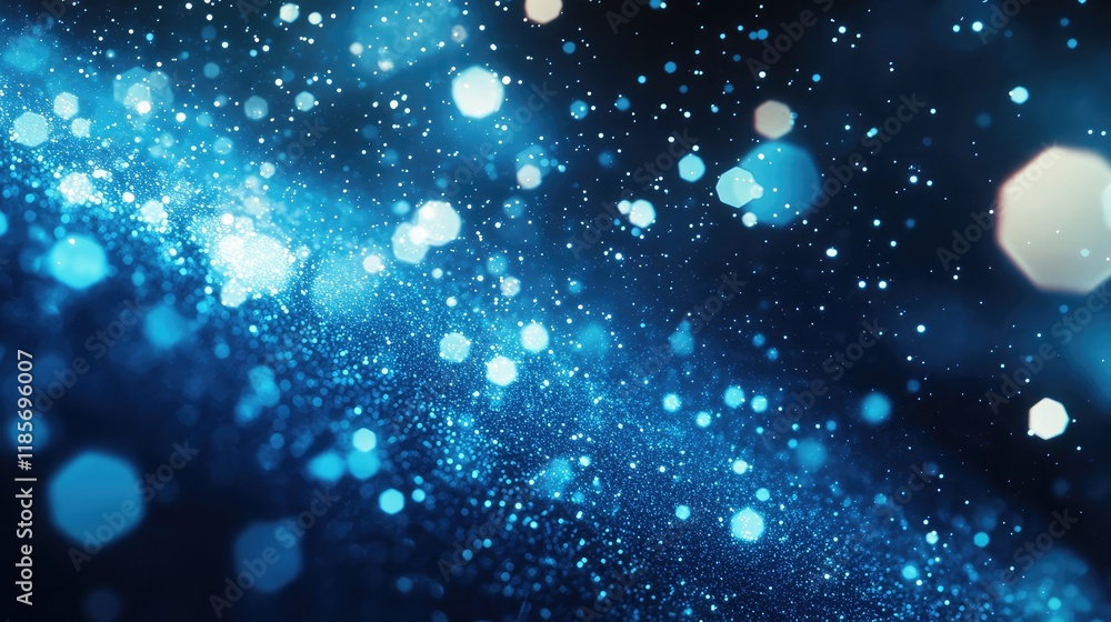 Poster digital wave of glowing particles in vibrant blue tones, representing data flow and smart technology