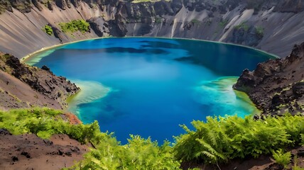 Obraz premium Volcanic crater lake with vibrant blue water surrounded by steep, rugged cliffs and lush greenery.