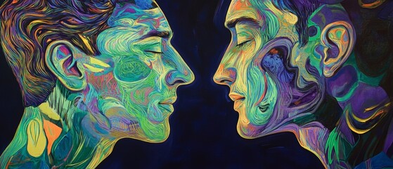 Faces of two men surrounded by vibrant abstract colors create a striking visual contrast, symbolizing unity, connection, and the essence of human relationships.