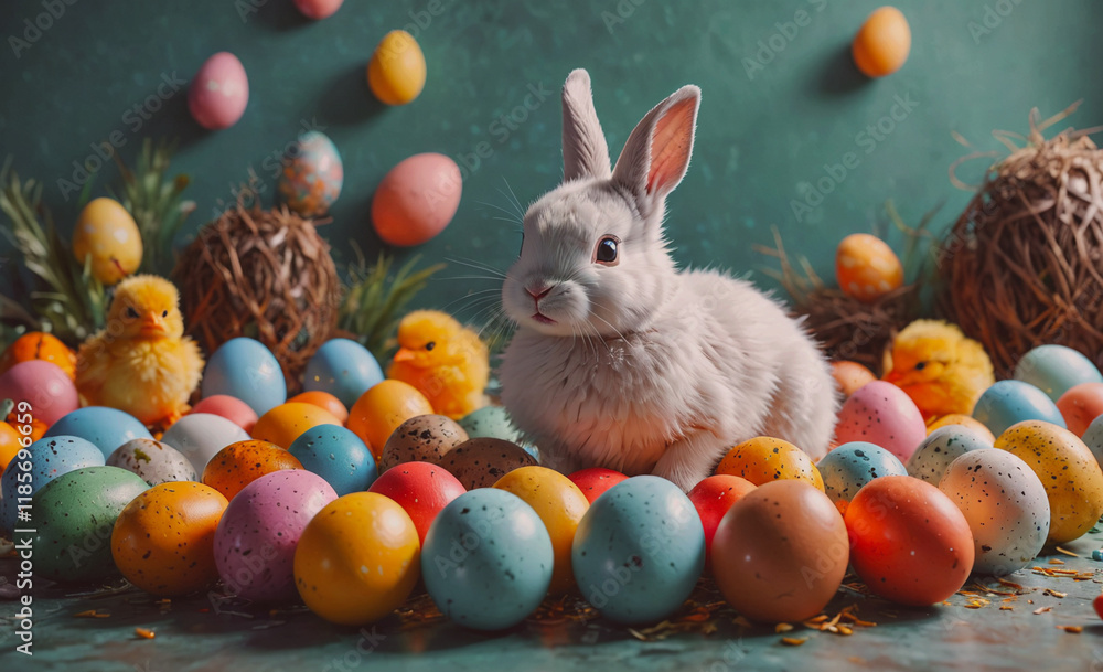 Aufkleber White rabbit is sitting in a pile of Easter eggs. There are many different colored eggs around the rabbit