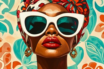 Fashionable woman wearing oversized sunglasses and a vibrant headscarf against a colorful floral background. Beauty, style, and summer vibes in portrait photography.