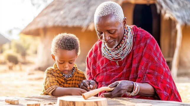 African Grandfather and Grandson Carving Wood Together