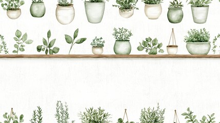 Decorative Greenery Background with Various Potted Plants in Soft Watercolor Style for Aromatic Garden