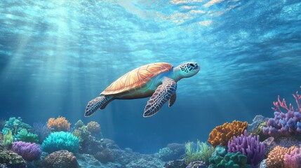 Fototapeta premium Sea Turtle Grace: A majestic sea turtle glides effortlessly through a vibrant coral reef, bathed in ethereal sunlight. Capture the tranquility and beauty of the underwater world. 