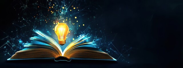 Innovative ideas emerge from books with a glowing light bulb representing inspiration and knowledge generation in education and business environments