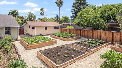 Fototapeta premium Raised garden beds with healthy vegetables growing, neatly organized in a backyard garden, providing plenty of space for text and gardening inspiration.