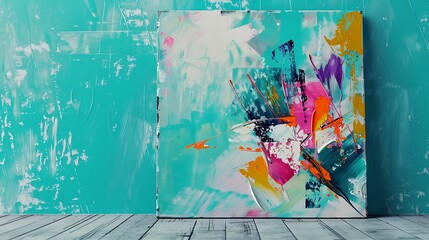 Modern abstract art on a turquoise background, with a mockup on the side. full ultra hd, high resolution