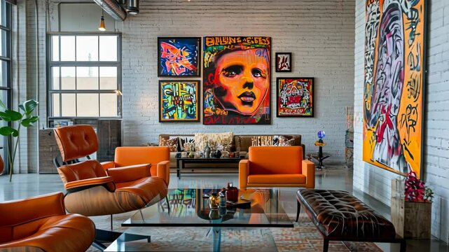 Modern Art Loft with Bright Furniture and Vibrant Wall Paintings