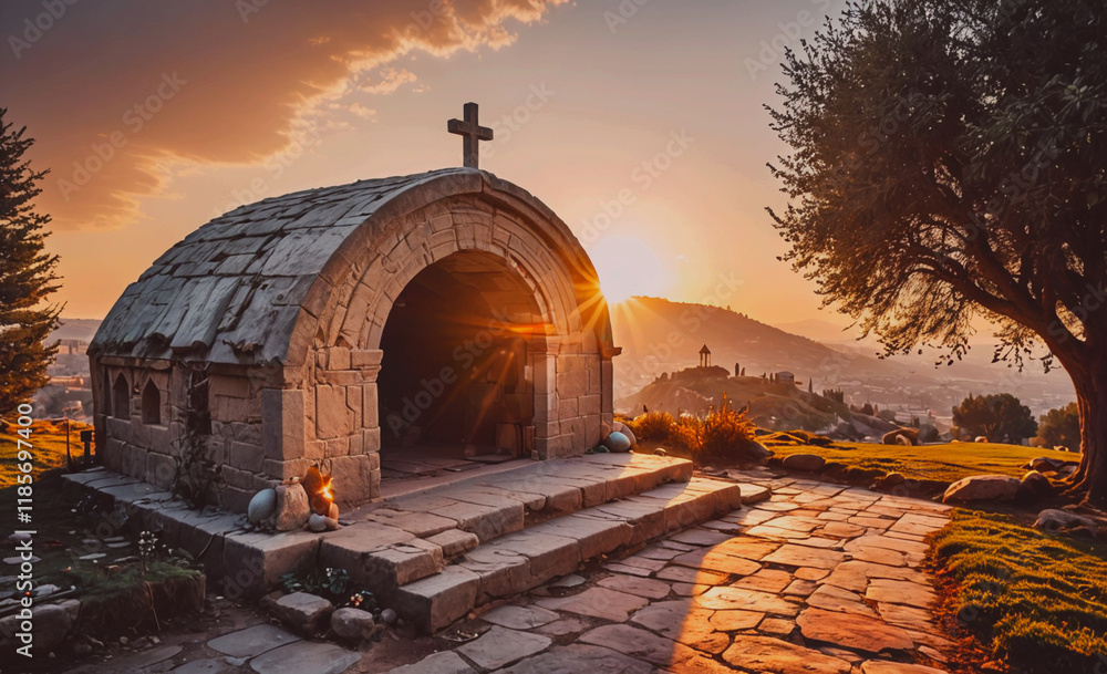 Aufkleber small stone building with a cross on top. the building is surrounded by a stone walkway