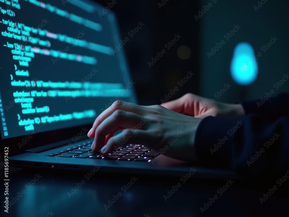 Poster closeup of hands typing on laptop displaying cybersecurity code in dimly lit environment at night fo