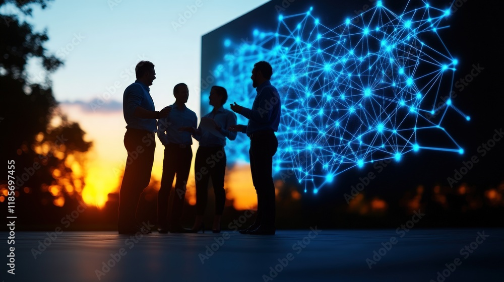 Poster silhouetted business team networking at sunset with digital network background