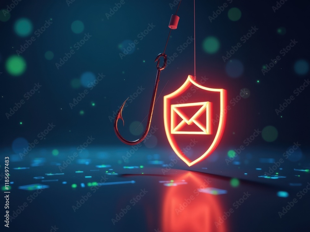 Poster conceptual depiction of phishing in cybersecurity with a hook and shield symbolizing security and th