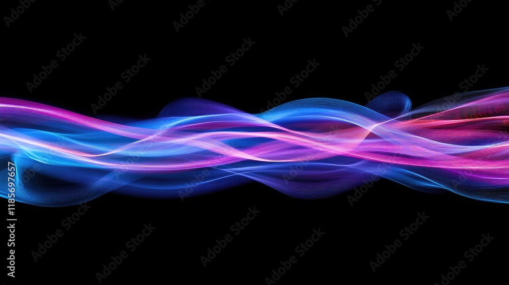 Poster vibrant digital waveforms and abstract light trails representing smart tech innovation, with a clean