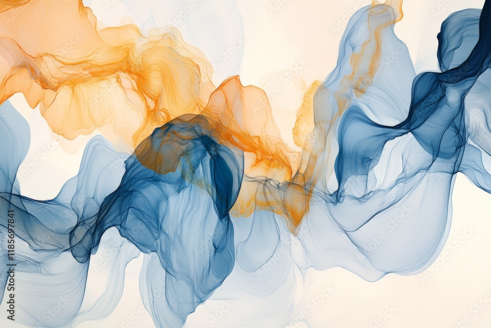 Poster fluid abstract art design featuring blue and orange waves, creating a modern and elegant background 