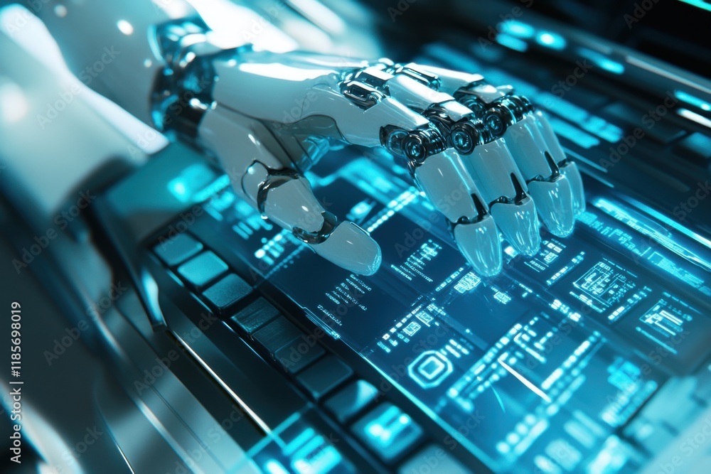 Poster robotic fingers engage with a futuristic keyboard and holographic display