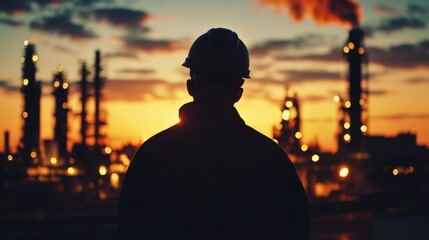 Worker overlooking industrial sunset oil refinery silhouette urban environment wide angle reflection on industry impact