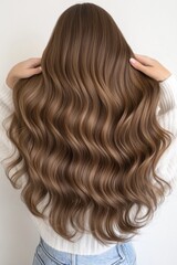 Fototapeta premium Professional hair styling showcase in a beauty studio featuring long, brown, healthy hair with a stunning shine