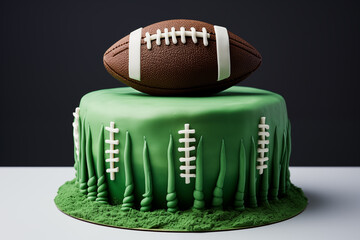 Cake designed to resemble football field, featuring green frosting and lifelike football on top, perfect for sports enthusiasts and celebrations.