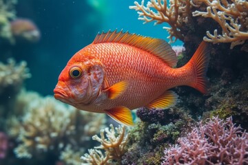 Orange fish swims near coral reef in ocean