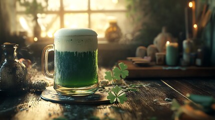 Celebration scene featuring a frothy mug of green beer on a wooden table with St Patricks Day decorations