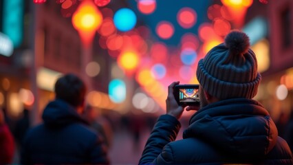 Person photographing a city street at night with colorful lights