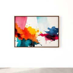 Abstract colorful painting in wooden frame on white wall.