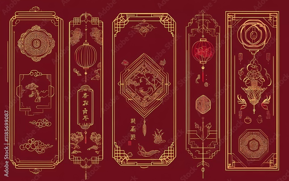 Poster chinese new year elements, vector graphics with gold lines on a red background, rectangular frames, 