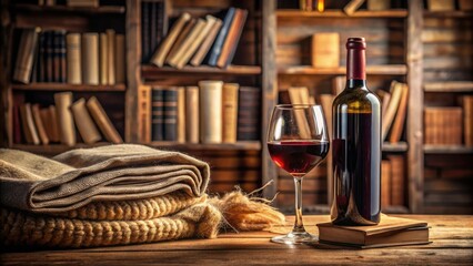 A bottle of red wine nestled among books and wine-related accessories in a cozy study, reading nook, red wines, leather-bound books
