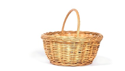 Empty wicker basket with handle on white.